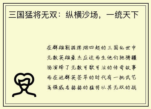 三国猛将无双：纵横沙场，一统天下