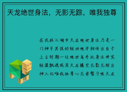 天龙绝世身法，无影无踪，唯我独尊