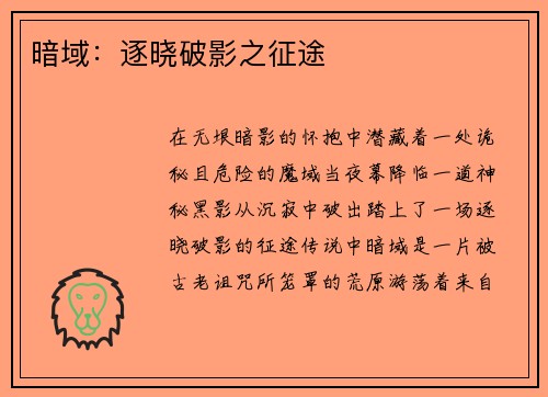 暗域：逐晓破影之征途