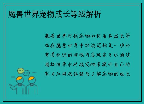 魔兽世界宠物成长等级解析